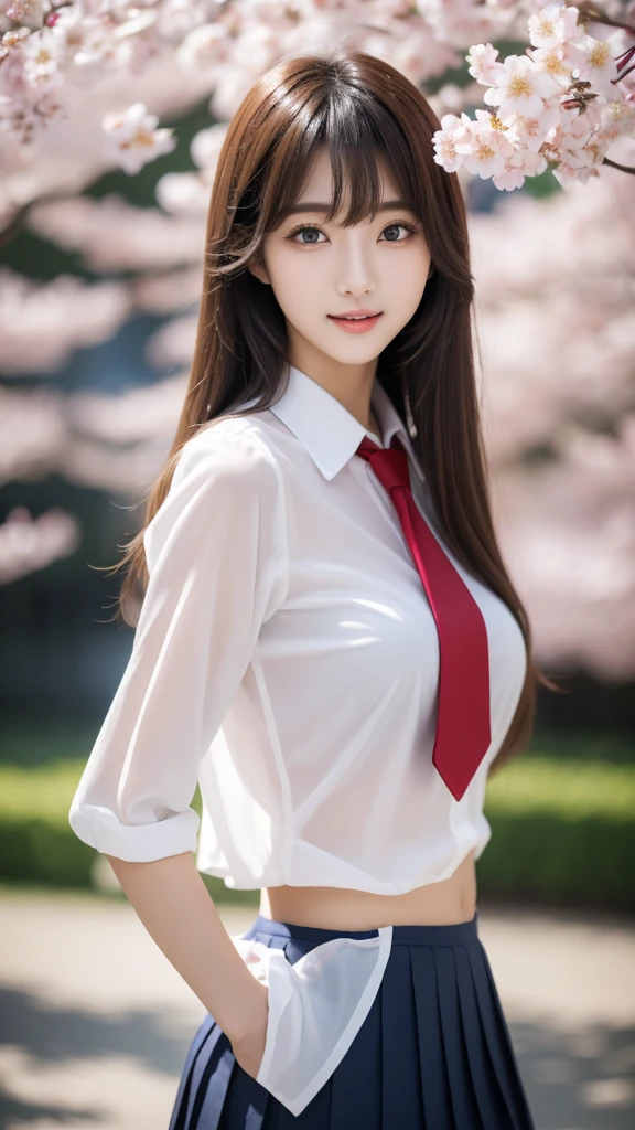 Close-up of a woman posing for a photo, the most beautiful japanese models, 17 year old female model, 4K、bangs、(bionde), medium long hair, Asymmetrical bangs, straight hair、(white shirt, red tie , dark blue pleated skirt:1.2),　(Super cute face with idol style:1.4), whole body, slim and beautiful body, sexly, beautiful breasts, laughter, The background is a row of cherry blossom trees, (Raw photo, highest quality, masterpiece, super detailed, ultra high resolution, realistic),