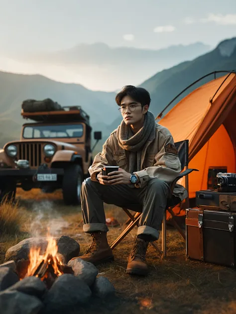 there is a man sitting in a chair next to a campfire, camping, cinematic luts, high quality portrait, trending on pexels, he is ...