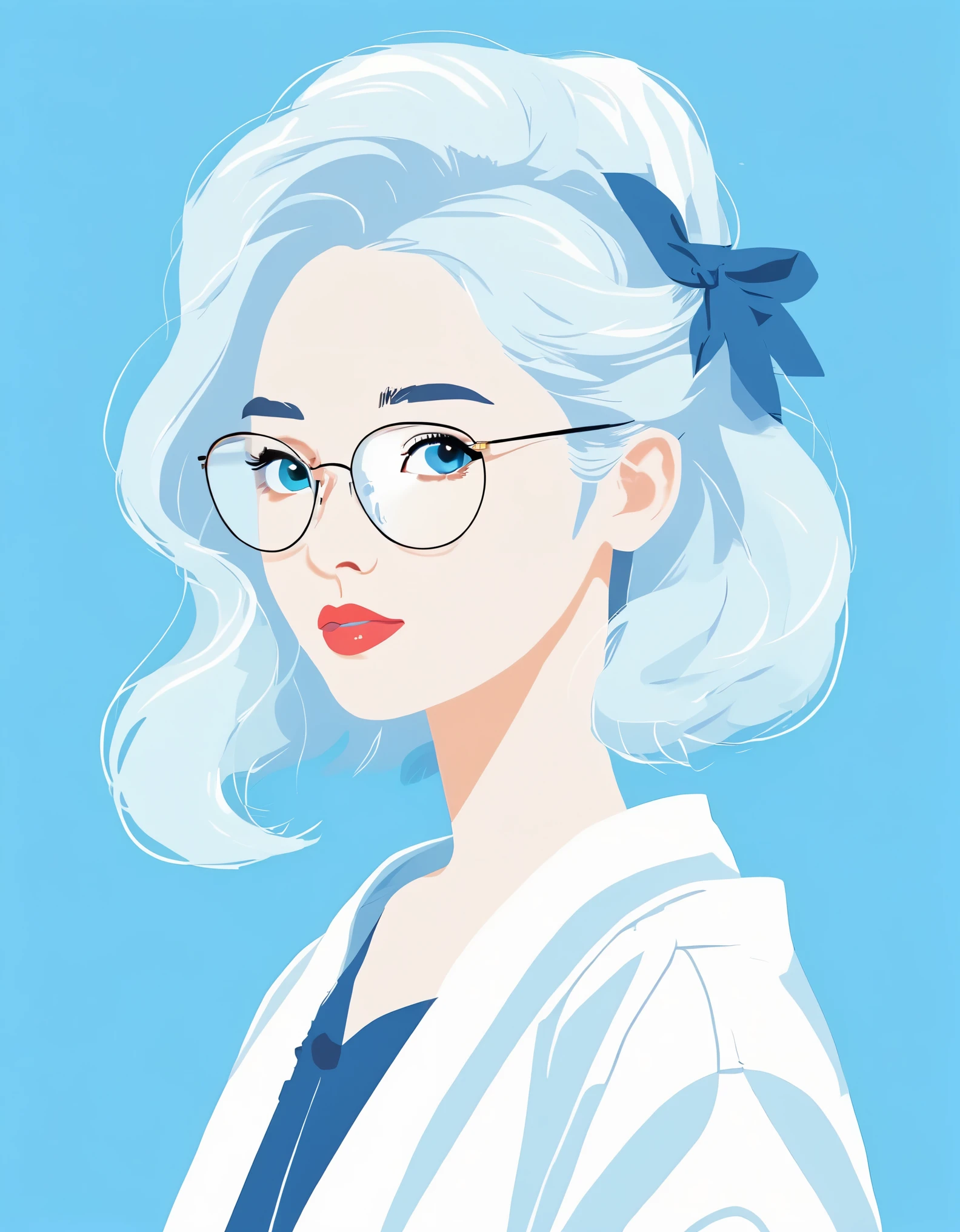 arte vetorial，Estilo Helen Huang，garota moderna，Retrato，óculos grandes，cabelo branco，Fundo azul，ilustração vetorial，Estilo de design plano Estilo de design plano，ilustração plana