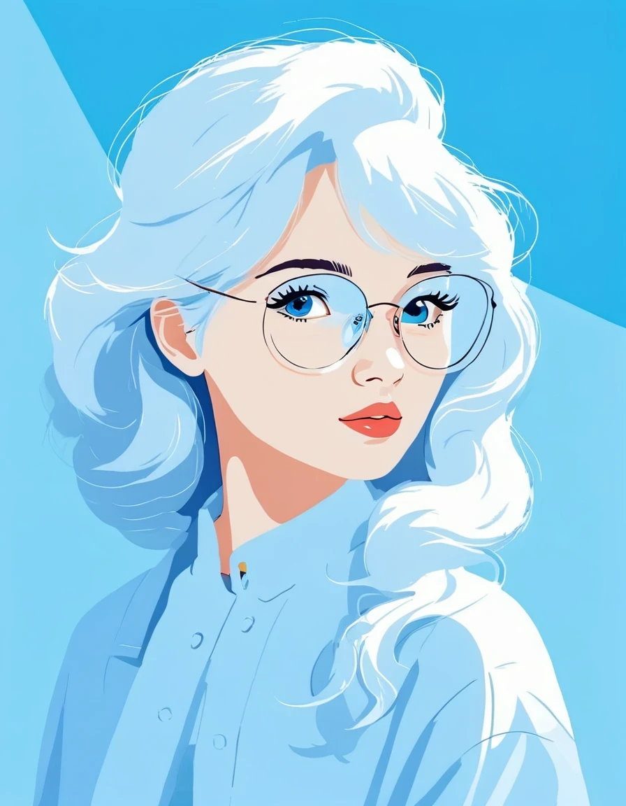 矢量艺术，Helen Huang 风格，现代女孩，肖像，大眼镜，白色的头发，蓝色背景，矢量插图 矢量插图，平面设计风格 平面设计风格，平面插图 平面插图