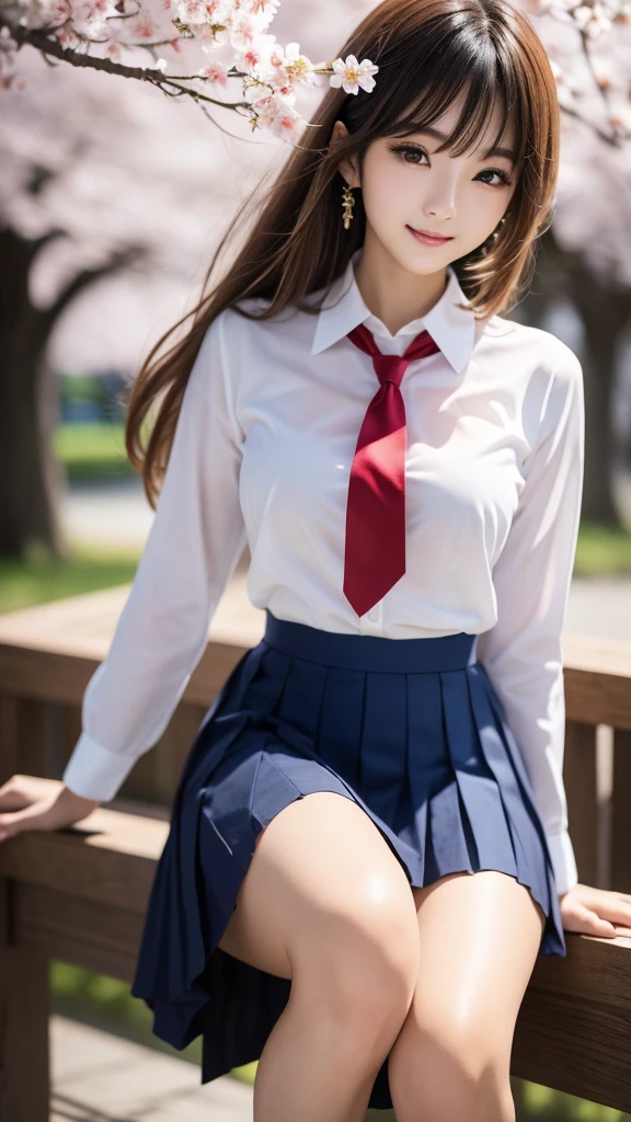 Close-up of a woman posing for a photo, the most beautiful japanese models, 17 year old female model, 4K、bangs、(bionde), medium long hair, Asymmetrical bangs, straight hair、(white shirt, red tie , dark blue pleated skirt:1.2),　(Super cute face with idol style:1.4), whole body, slim and beautiful body, sexly, beautiful breasts, laughter, The background is a row of cherry blossom trees, (Raw photo, highest quality, masterpiece, super detailed, ultra high resolution, realistic),