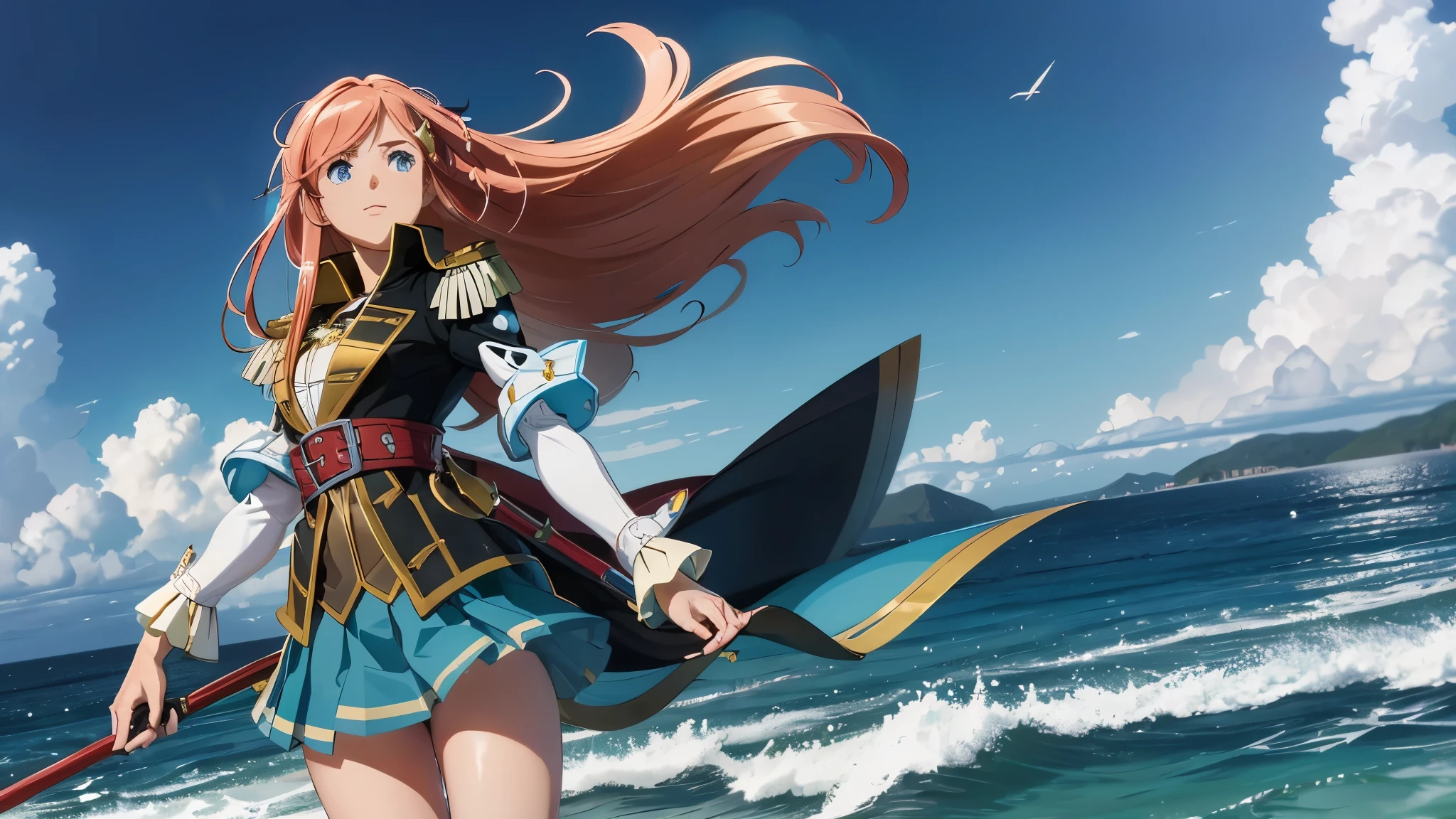 Illustrate a breathtaking 8k masterpiece that captures the essence of a brave and carefree pirate girl in anime style. This beautiful, golden-haired girl, with her hair billowing in the ocean breeze, exudes the spirit of adventure. She's dressed in a daringly cut mini skirt, with her outfit tailored for the high seas and adorned with classic pirate motifs, suggesting a daring personality comfortable with the risks of her trade.

In one hand, she wields a cutlass, its blade gleaming in the sun, a testament to her readiness to face any danger. In her other hand, she holds a weathered treasure map, the key to untold riches and mysteries of the deep. The backdrop is a stunning seascape, with the clear blue of the sky meeting the azure of the sea at the horizon. The waves are captured in vivid detail, from the cresting foam to the play of light across the water, suggesting the grandeur of the ocean that is her domain.

Every element of her attire, from the flutter of her skirt to the accessories that speak of her plundering lifestyle, is meticulously detailed. The cutlass should have ornate engravings on its hilt, and the map should be aged, with visible crease lines and the allure of the unknown marked upon it. Her expression is one of unwavering confidence and a hint of playful mischief, inviting viewers to join in her quest for treasure and freedom on the high seas.
