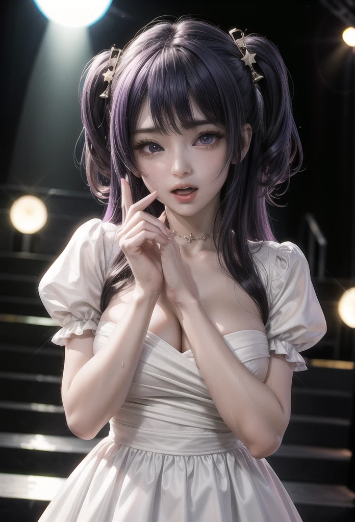 1girl, hoshinoai, solo, purple hair, purple eyes, long hair, (star-shaped pupils), one side up, BREAK
idol, puffy sleeves, puffy short sleeves, bunny hair ornament, hair ornament, star hair ornament, gradient dress, white dress, pink dress, BREAK
facing viewer, heart hands, heart, sparkle, upper body, close-up, fangs, sweat, one eye closed, open mouth, BREAK
stage, glowstick, stage lights, blurry background, depth of field, backlighting, BREAK
score_9, score_8_up, score_7_up, score_6_up, anime,
(high quality, detailed, beautiful), shiny, detailed beautiful eyes, outstanding, countershading, detailed soft lighting