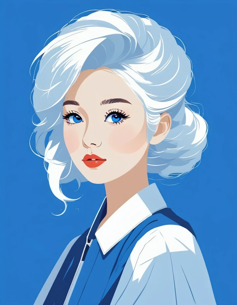 vector art，Estilo Helen Huang，Chica moderna，Retrato，pelo blanco，fondo azul real，ilustración vectorial ilustración vectorial，Estilo de diseño plano Estilo de diseño plano，ilustración plana ilustración plana