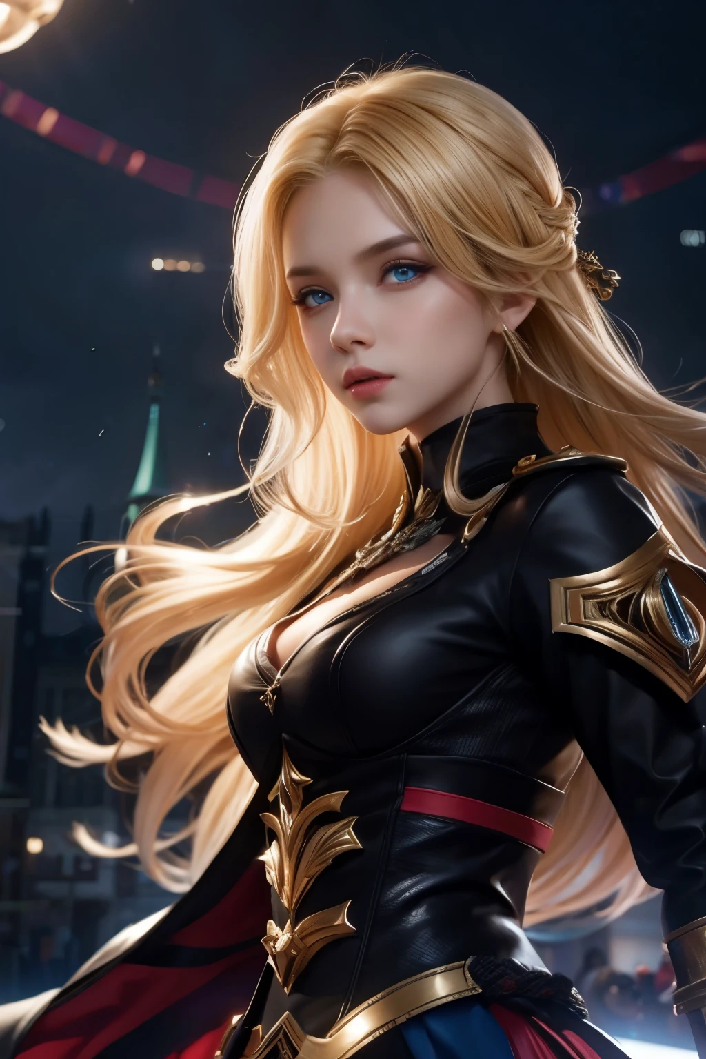 (extremely detailed CG unity 8k wallpaper,masterpiece, best quality, ultra-detailed),(best illumination, best shadow, an extremely delicate and beautiful),floating,high saturation,blonde hair+blue eyes:1.2,gloomy gothic scenery, long hair, gaze into the distance. (A beautiful girl with long blonde hair and blue eyes sparkling gothic lighting)