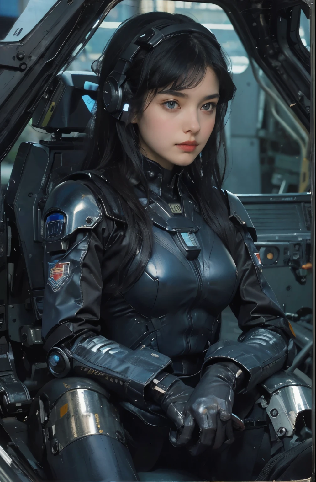 A beautiful girl. eighteen. Black hair. She is looking at the camera with a defiant expression. She wears a pilot suit made of blue-black metal. She wears a metallic suit that covers her entire body.She is sitting in the robot's cockpit.