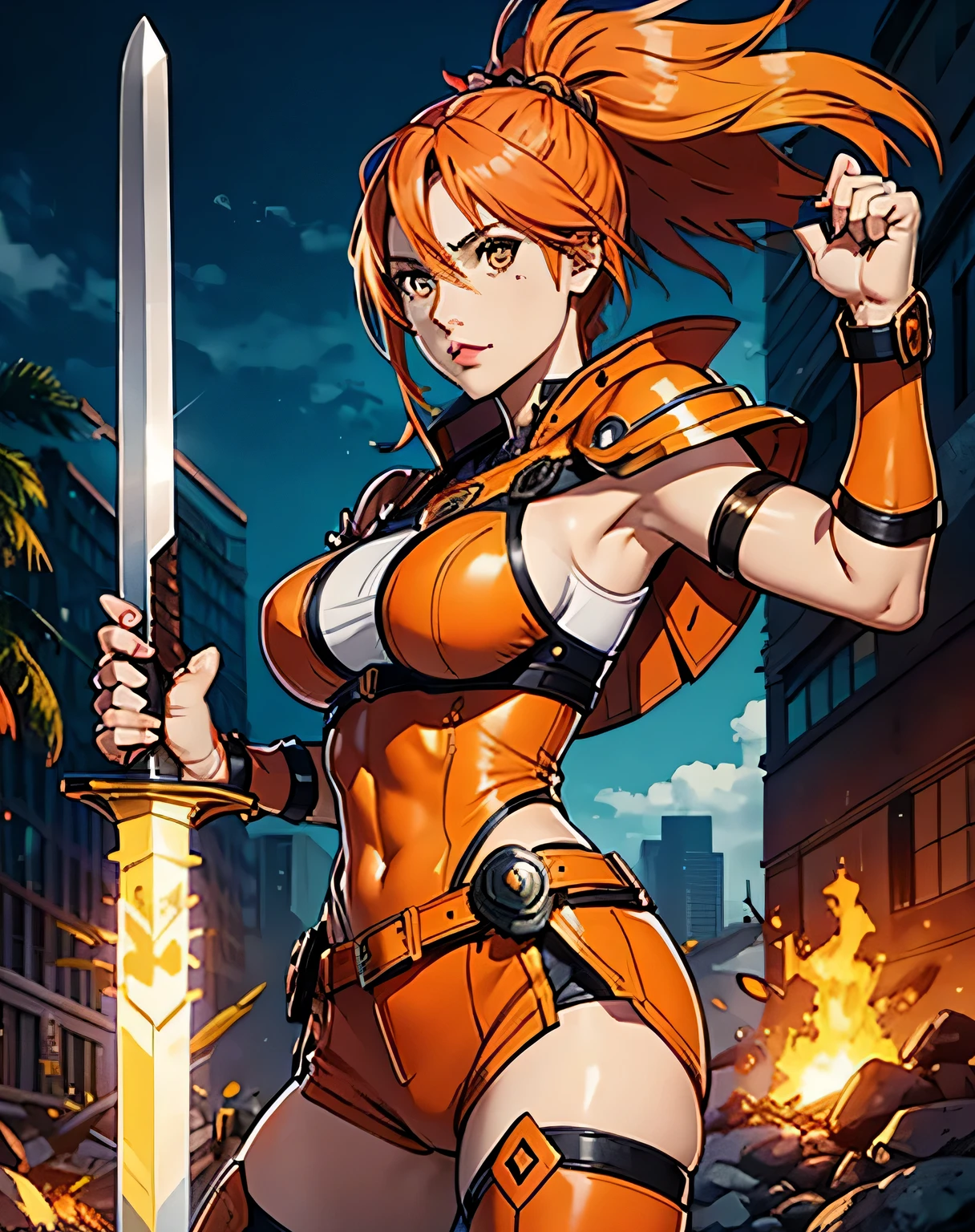 Amazon warrior, woman, hero outfit, sword and shield, orange hair