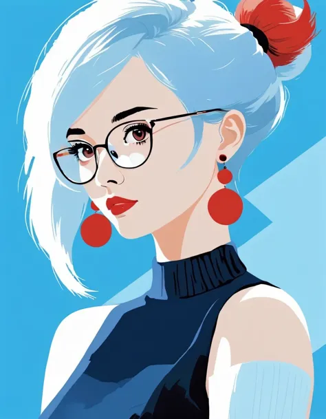 vector art，Helen Huang style，Modern girl，portrait，super short hair，Black sleeveless tight sweater，red geometric earrings，big gla...