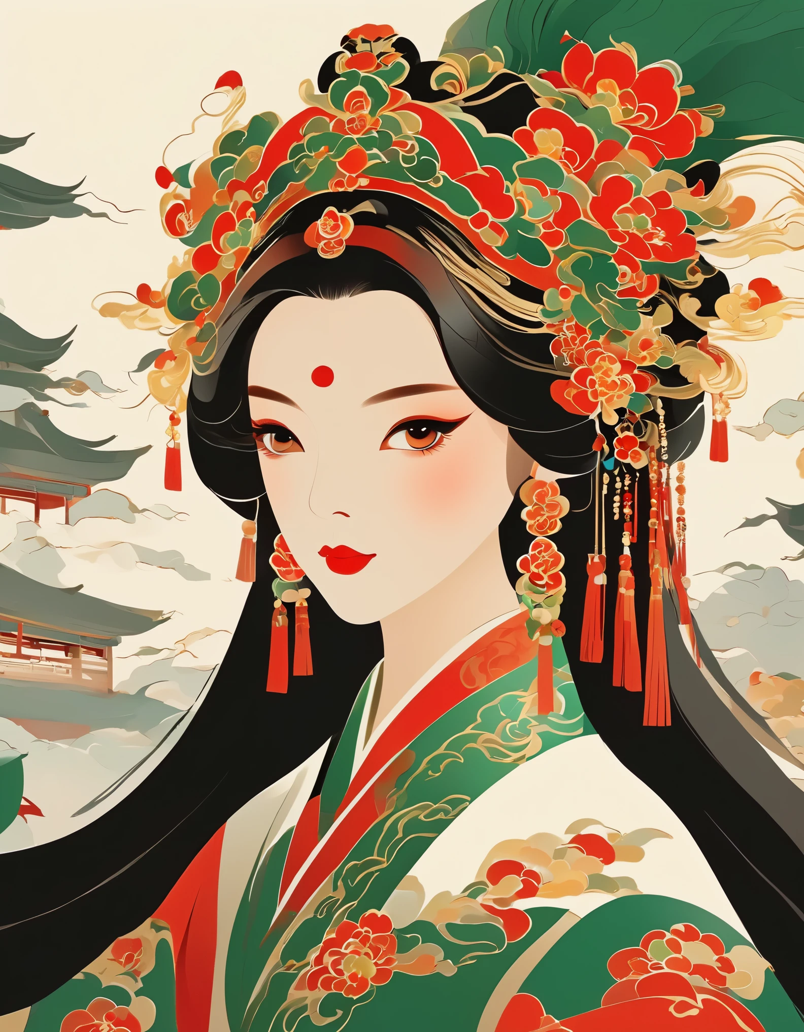 vector art，Peking opera girl，vector illustration vector illustration，Flat design style Flat design style，flat illustration flat illustration，，minimalism minimalism，Liu Danzhai，Chinese cultureChinese culture，Flat national style，The high-end sense of red and green CP，The ancient charm of Chinese style，Only Guofeng can do it, right?，The high-end and subtle beauty is really amazing