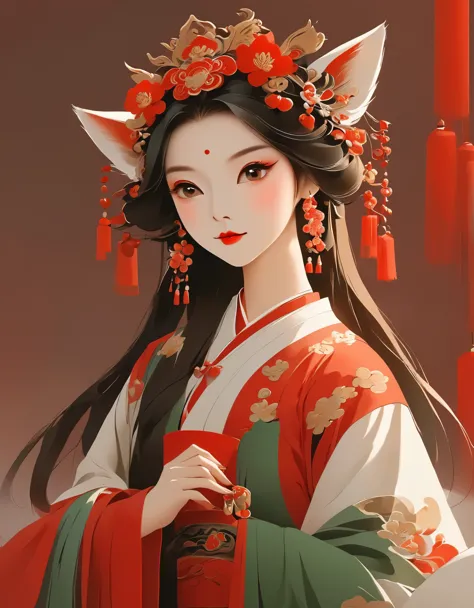 vector art，Peking Opera Fox Girl ，Fox fairy，（whole body），vector illustration vector illustration，Flat design style Flat design s...