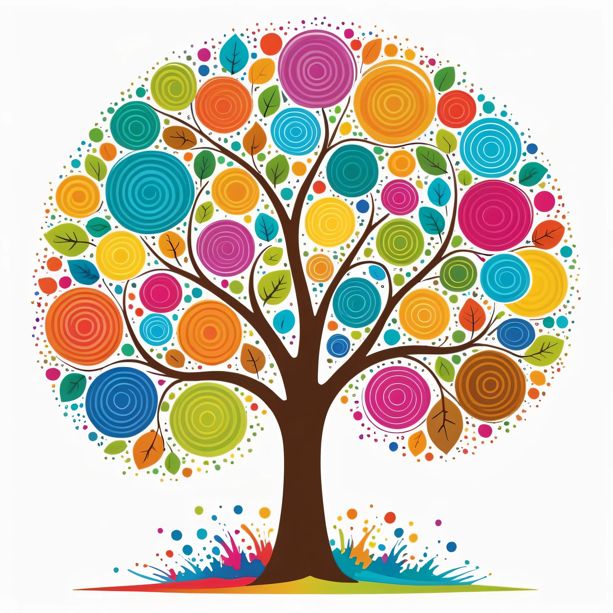 vector art, Colorful doodle illustration, Cute Cartoon Tree, in the center, bright colors, Splashes and stains on paint, adobe illustrator, high detail, ((white background)),rich colors,draw carefully,symmetry,masterpiece,best composition,Simple is Best
