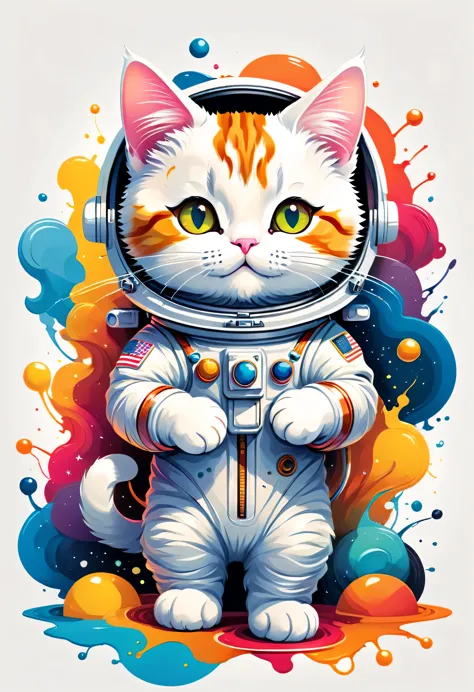 vector art, Colorful doodle illustration, cute cartoon:Cat astronaut, in the center, bright colors, Splashes and stains on paint, adobe illustrator, high detail, ((white background)),rich colors,draw carefully,symmetry,masterpiece,best composition,Simple i...