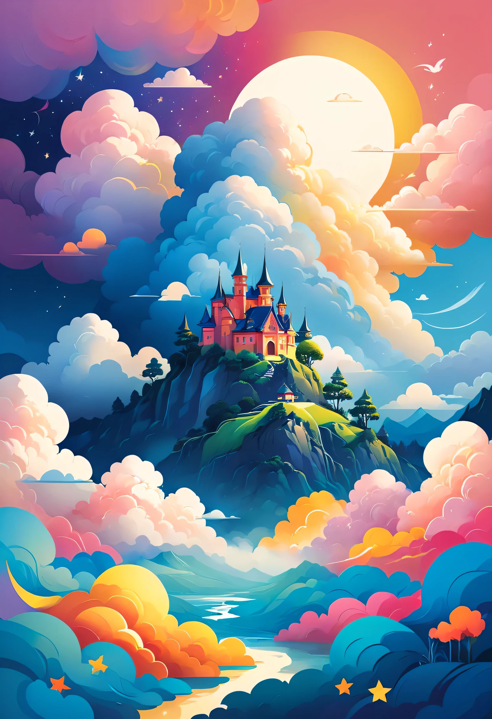 vector illustration:cute cartoon rainbow, clouds and sky,, adobe illustrator,draw with thick lines,,cute,pop,Gentle color,Cast colorful spells,nice background image,masterpiece,best masterpiece,Light and shadow,draw carefully,,Bright colors,fantasy,fancy,rendering,magic element,