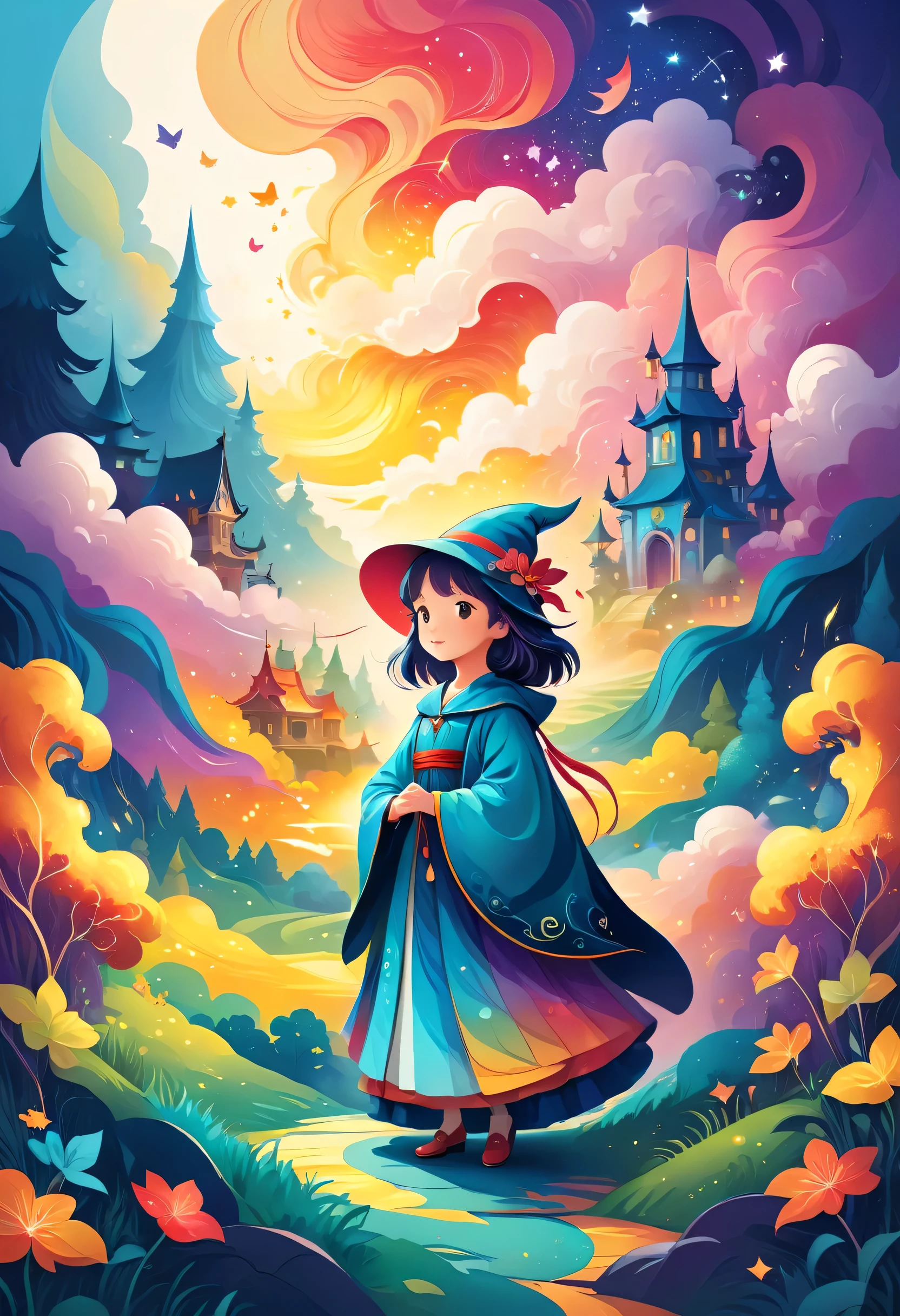 vector illustration:cute cartoon forest, null,Little Red Riding Hood, adobe illustrator,draw with thick lines,,cute,pop,Gentle color,Cast colorful spells,nice background image,masterpiece,best masterpiece,Light and shadow,draw carefully,,Bright colors,fantasy,fancy,rendering,magic element,