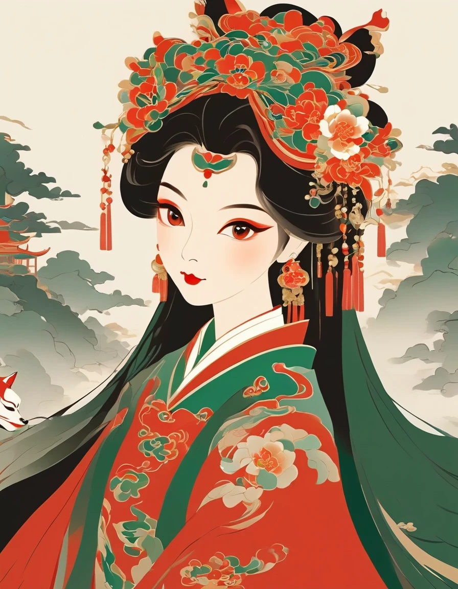 Minimalist Modern Art，vector art，Peking Opera Fox Girl ，Fox fairy，（whole body），vector illustration vector illustration，Flat design style Flat design style，flat illustration flat illustration，，minimalism minimalism，Liu Danzhai，Chinese cultureChinese culture，Flat national style，The high-end sense of red and green CP，The ancient charm of Chinese style，Only Guofeng can do it, right?，The high-end and subtle beauty is really amazing