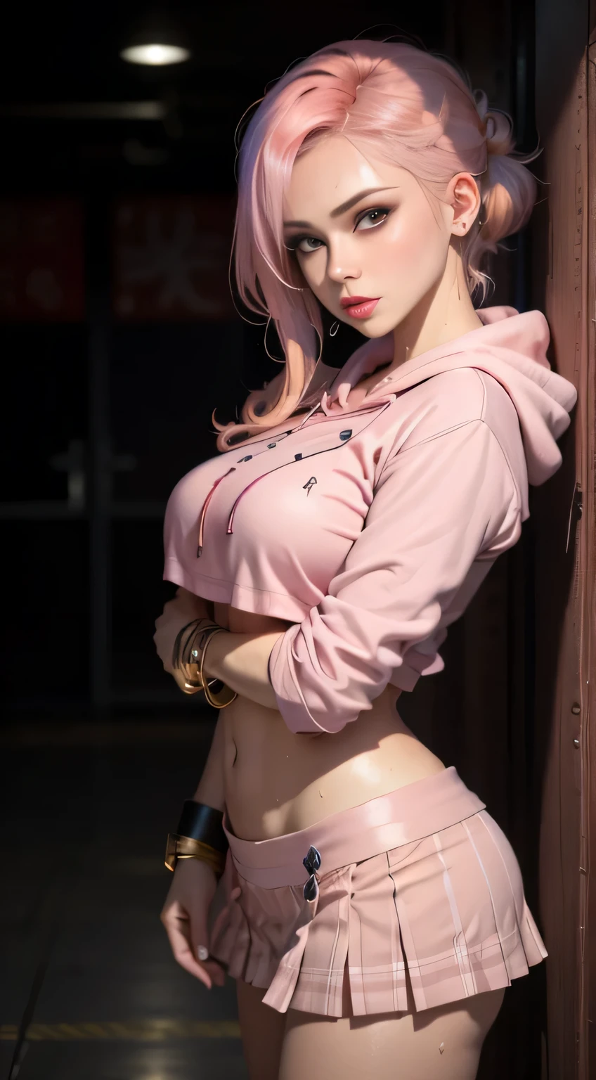 (NSFW),Professional Woman Photography, masutepiece, Big, 1womanl, Artistic background、Flirting, From above, (sweat bangle: 1.3), blur backgroun, beautiful villain woman photo, ((pink gangster style)), pantyshot,Open front, Skirt, ((pink hoodie, Peach-colored hair)), Realistic, Beautiful lips, Brown eyes, Pink checked pleated skirt, of the highest quality, Ultra Detail, Naughty angles, long eyes, Mature beautiful face, Seductive eyes, Back lighting,