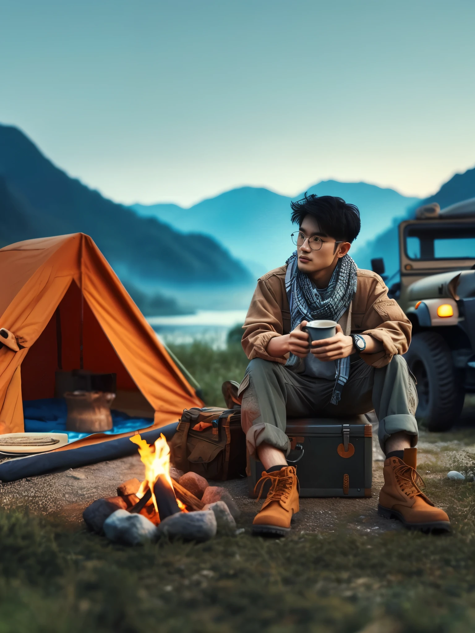 there is a man sitting in a chair next to a campfire, camping, cinematic luts, high quality portrait, trending on pexels, he is at camp, travel and adventure, cinematic. by leng jun, outdoor fine photography, pexels contest winner, perfect composition and lighting, adventuring gear, cinematic photography, shot on canon eos r5