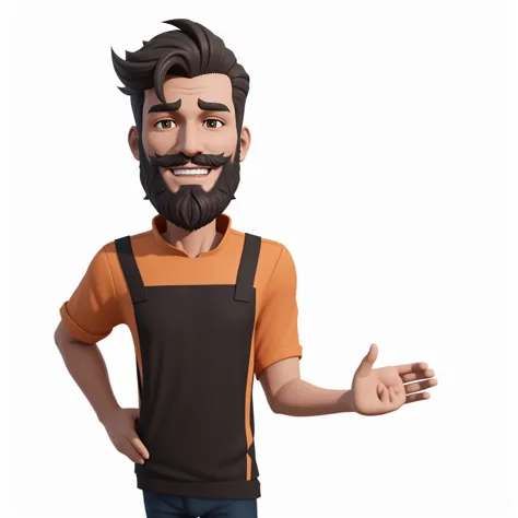 homem feliz com barba e avental mostrando algo, para alugar artista 3d, Stylized 3D rendering, personagem pequeno. motor irreal ...