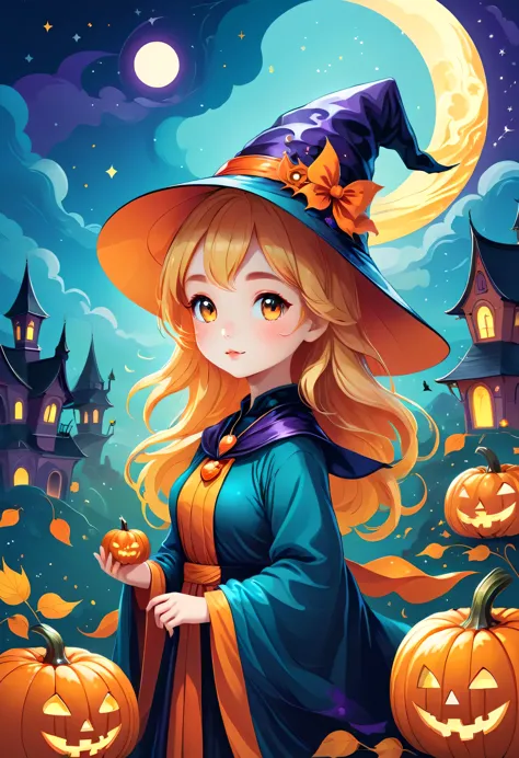 vector illustration:cute cartoon wizard,cute girl, Halloween, adobe illustrator,draw with thick lines,,cute,pop,Gentle color,Cast colorful spells,nice background image,masterpiece,best masterpiece,Light and shadow,draw carefully,,Bright colors,fantasy,fanc...