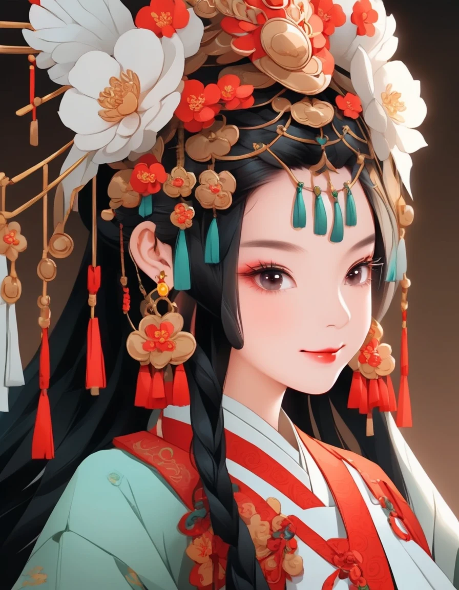 flat illustration style of a cute Chinese girl, double braided pigtails black hair, smiling, wearing earrings, close-up