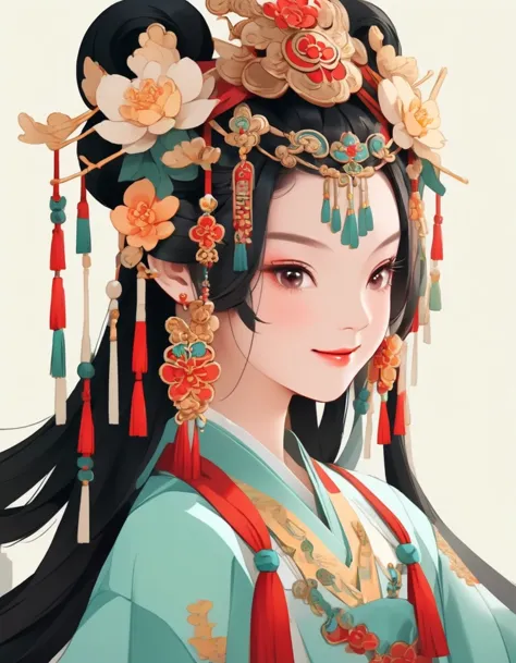 flat illustration style of a cute Chinese girl, double braided pigtails black hair, smiling, wearing earrings, close-up