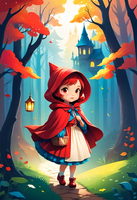 vector illustration:cute cartoon forest, null,Little Red Riding Hood, adobe illustrator,draw with thick lines,,cute,pop,Gentle color,Cast colorful spells,nice background image,masterpiece,best masterpiece,Light and shadow,draw carefully,,Bright colors,fant...