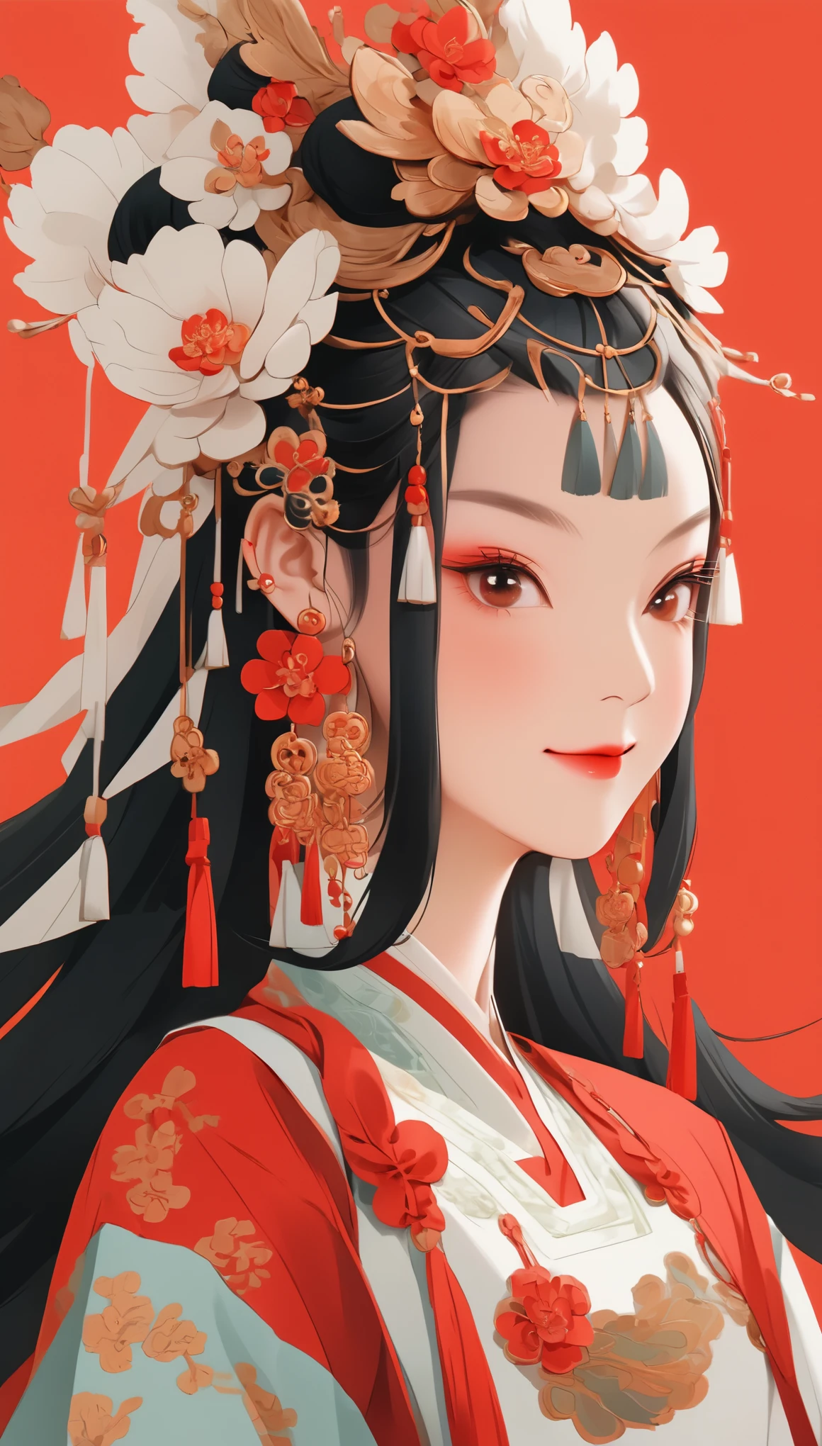 전신，귀여운 중국 소녀의 평면 그림 스타일, 이중으로 땋은 땋은 머리 검은 머리, 웃고있는, 귀걸이 착용, 확대，현대적인 미니멀리스트，빨간색 배경
