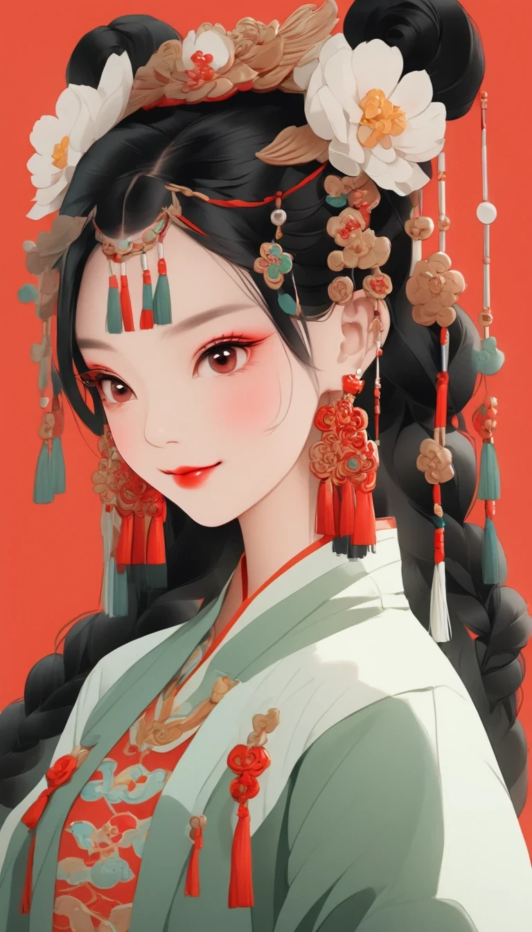 whole body，flat illustration style of a cute Chinese girl, double braided pigtails black hair, smiling, wearing earrings, close-up，Modern minimalist，red background