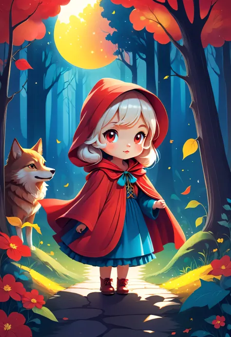 vector illustration:cute cartoon forest, null,Little Red Riding Hood, adobe illustrator,draw with thick lines,,cute,pop,Gentle c...