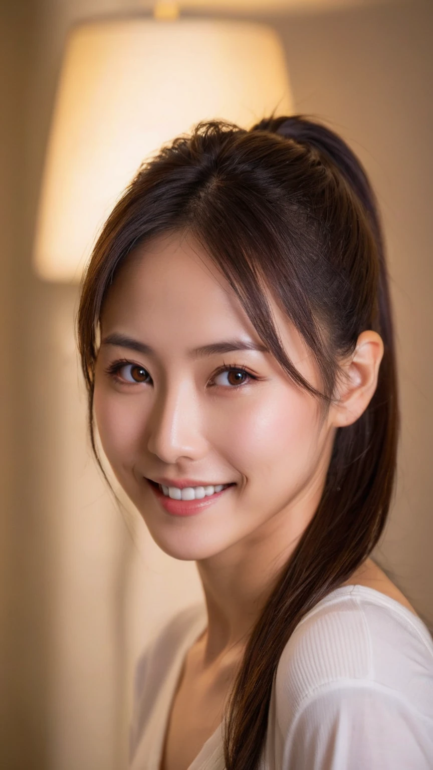 马尾辫，34岁的日本女性, 
(深棕色眼睛, 瞳孔, 美丽的眼睛细节, 眼睛里有光:1.2), (粗糙的皮肤:1.4),(肤色不均:1.6),(老微笑),
(专业照明), 奢华的间接照明,
位于豪华休息室,