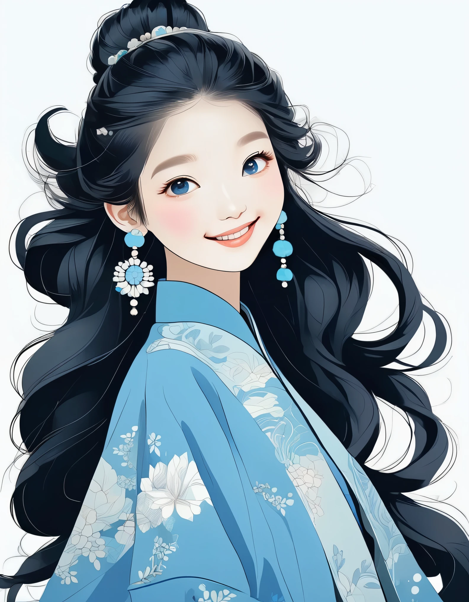 嬉皮士时装设计风格, 肖像, 精美细致，俏皮酷炫的中国女孩的平面插画风格,古代黑发发型,wearing a 蓝色的 coat, 戴耳环,微笑, 白皮肤, 灰白色背景 ,蓝色的, 私人的 ，极简主义艺术，