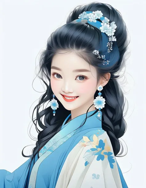 in style of Hippie fashion design, portrait, beautiful detailed，flat illustration style of a playful cool chinese girl,ancient b...