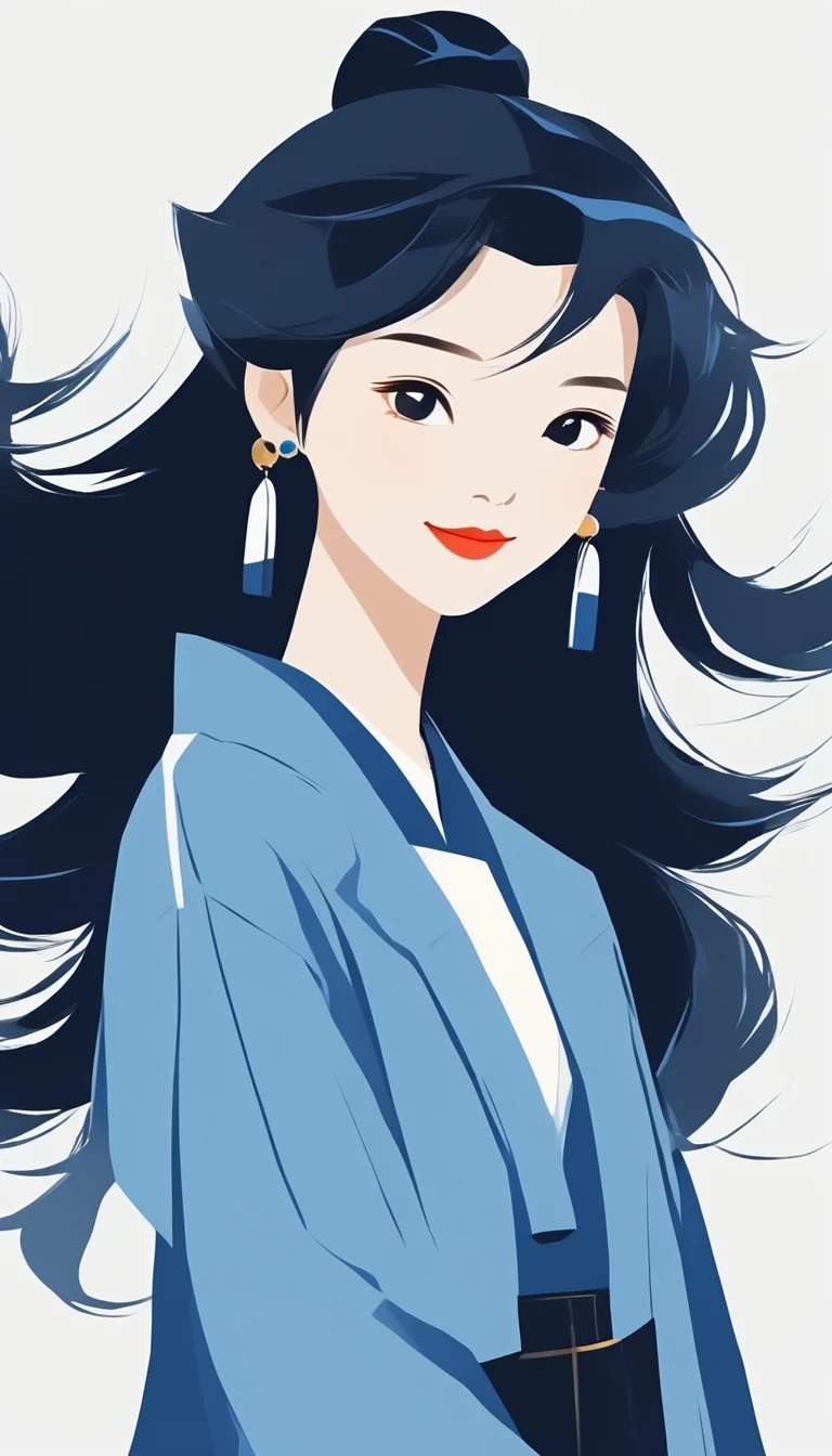 style d&#39;illustration plat d&#39;une fille chinoise cool et ludique,ancienne coiffure noire,wearing a bleu coat, porter des boucles d&#39;oreilles,sourire, peau blanche, fond blanc cassé ,bleu, niji ，art minimaliste，