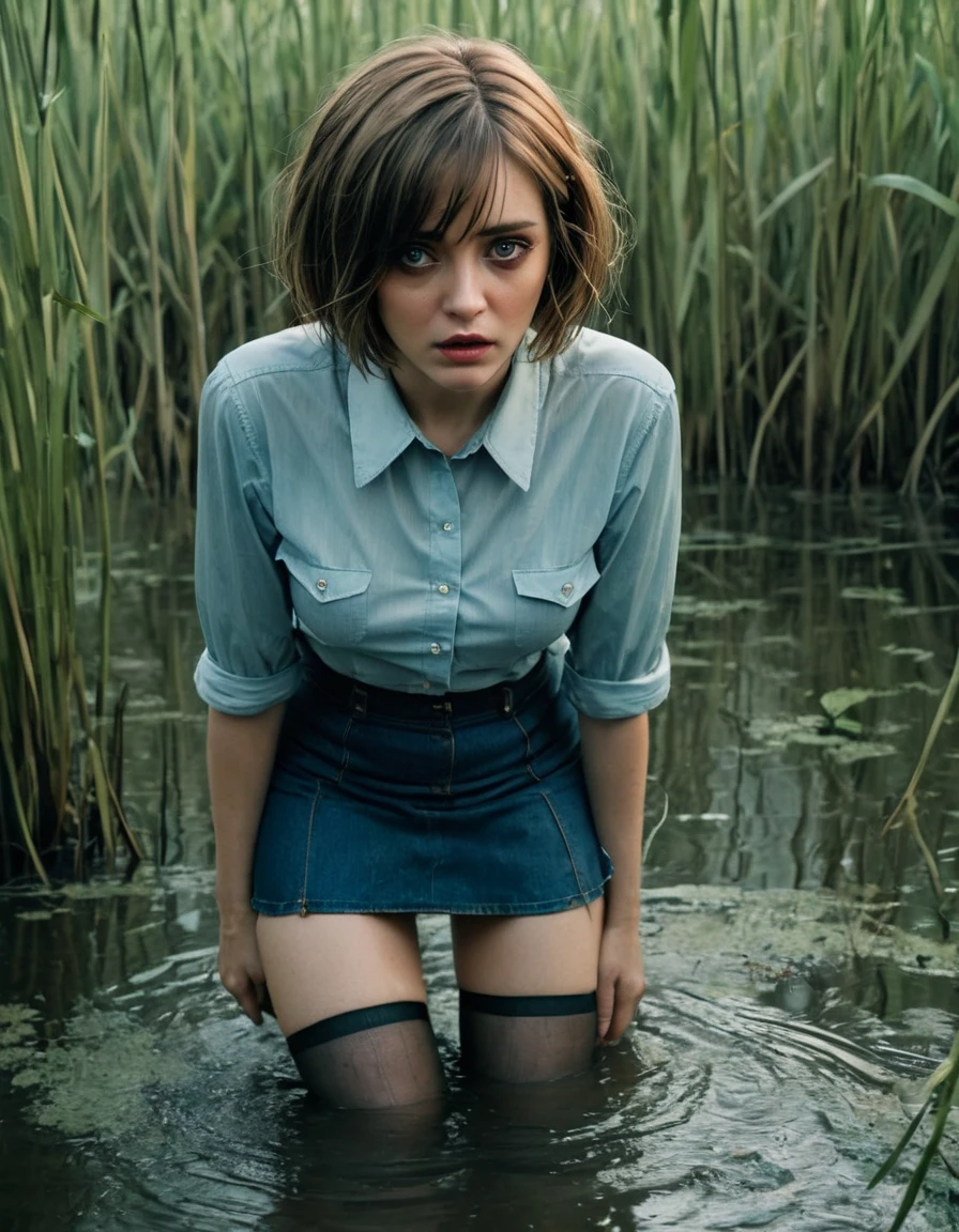 The woman,depraved,Expressive wrinkles,Bob haircut,jeans skirt,shirt,stockings, ( drowning in a swamp:1.2),Detailed eyes and face,expression of despair,Imminent Doom