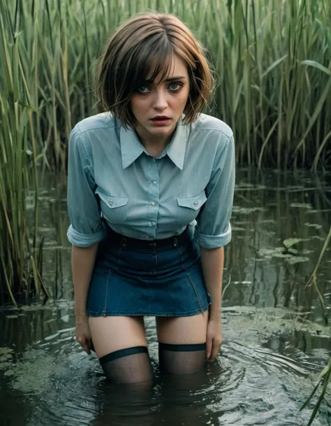 the woman,depraved,expressive wrinkles,bob haircut,jeans skirt,shirt,stockings, ( drowning in a swamp:1.2),detailed eyes and fac...