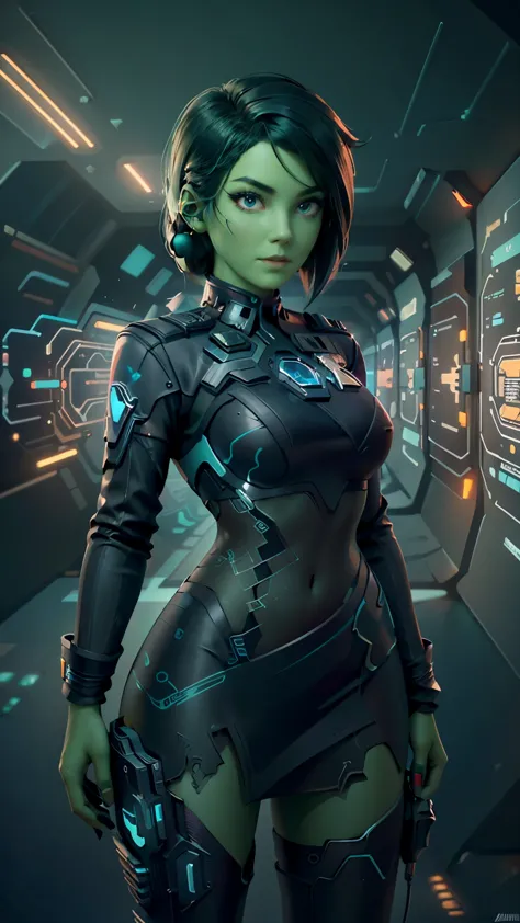 (best quality,highres,ultra-detailed:1.2), cyberpunk, green-skinned female futuristic police officer, sleek complete and futuris...