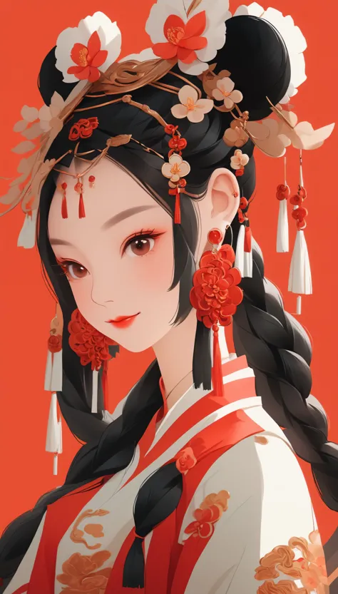 whole body，flat illustration style of a cute Chinese girl, double braided pigtails black hair, smiling, wearing earrings, close-...