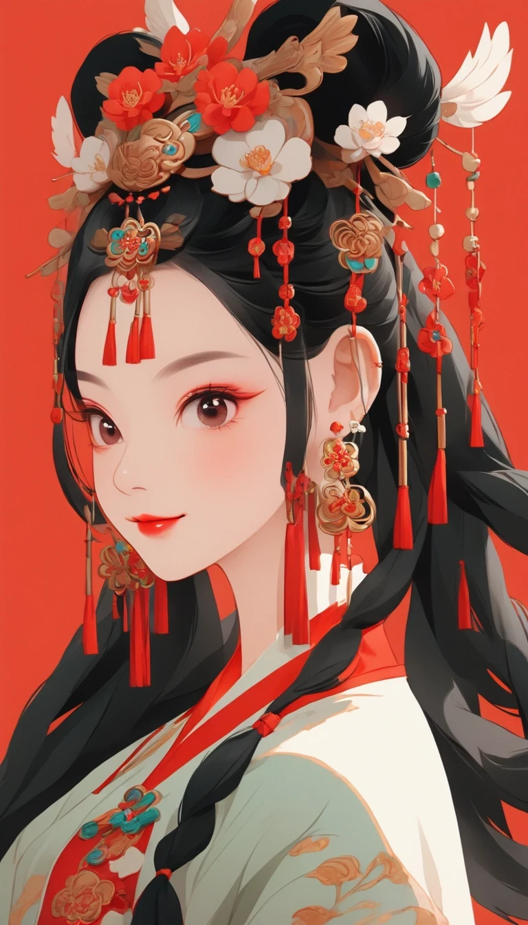 전신，귀여운 중국 소녀의 평면 그림 스타일, 이중으로 땋은 땋은 머리 검은 머리, 웃고있는, 귀걸이 착용, 확대，현대적인 미니멀리스트，빨간색 배경