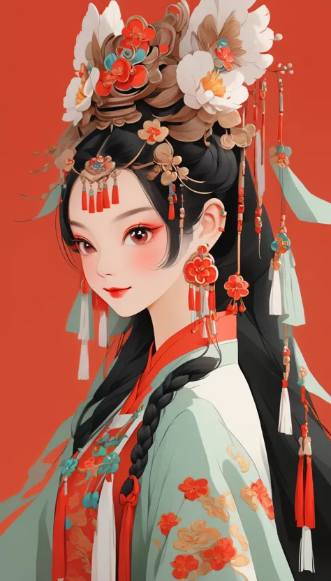 in style of hippie fashion design, portrait, beautiful detailed，whole body，flat illustration style of a cute chinese girl, doubl...