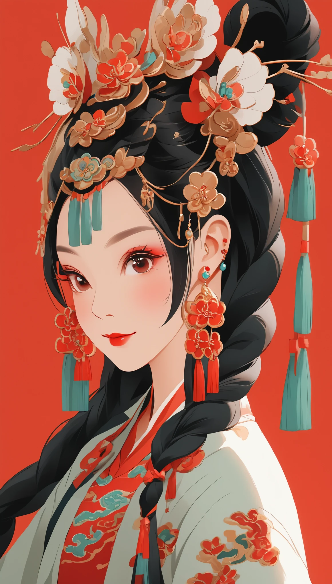 vector art，whole body，flat illustration style of a cute Chinese girl, double braided pigtails black hair, smiling, wearing earrings, close-up，Modern minimalist，red background