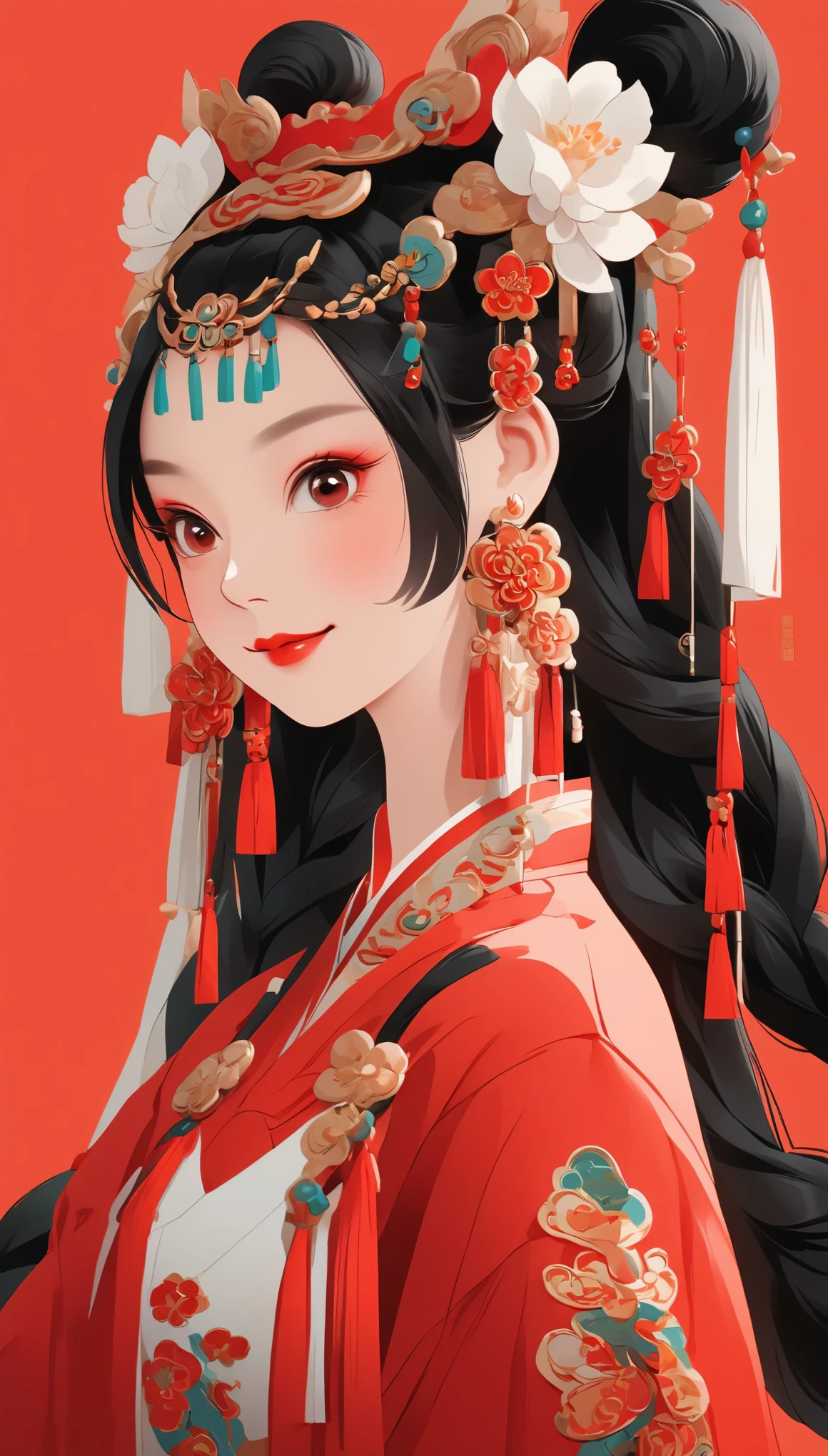벡터 아트，전신，귀여운 중국 소녀의 평면 그림 스타일, 이중으로 땋은 땋은 머리 검은 머리, 웃고있는, 귀걸이 착용, 확대，현대적인 미니멀리스트，빨간색 배경