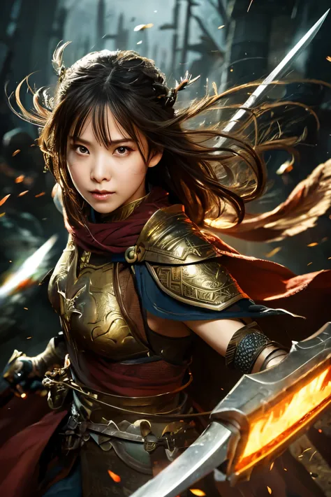 heroic female warrior charging into battle, raise your sword、there was fierce determination in his eyes., ((enchanting eyes )) l...