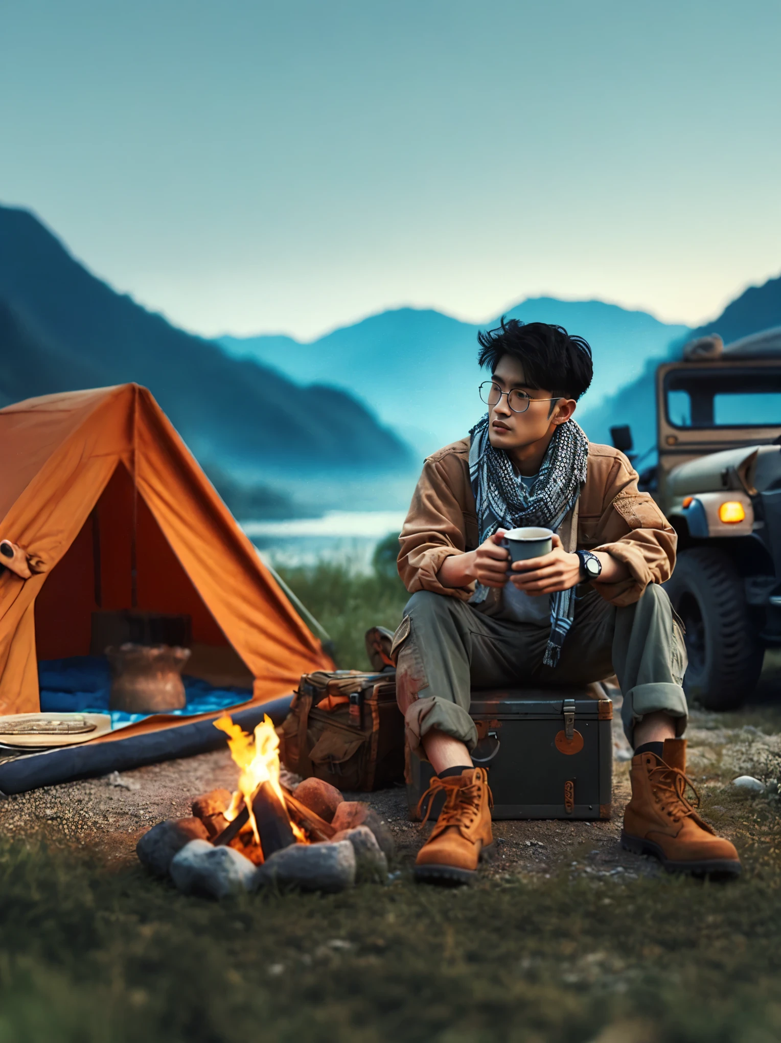 Chinese man sitting in front of a campfire in the woods, portrait of Etienne Dreiset, winner of pexels competition, digital art, 8k art portrait photography, dramatic portrait of Namenlos, portrait shooting 8k, movie portrait, film. Author: Leng Jun, Portrait Shooting, Cinematic Portrait, Environmental Portrait, Dramatic Cinematic Portrait