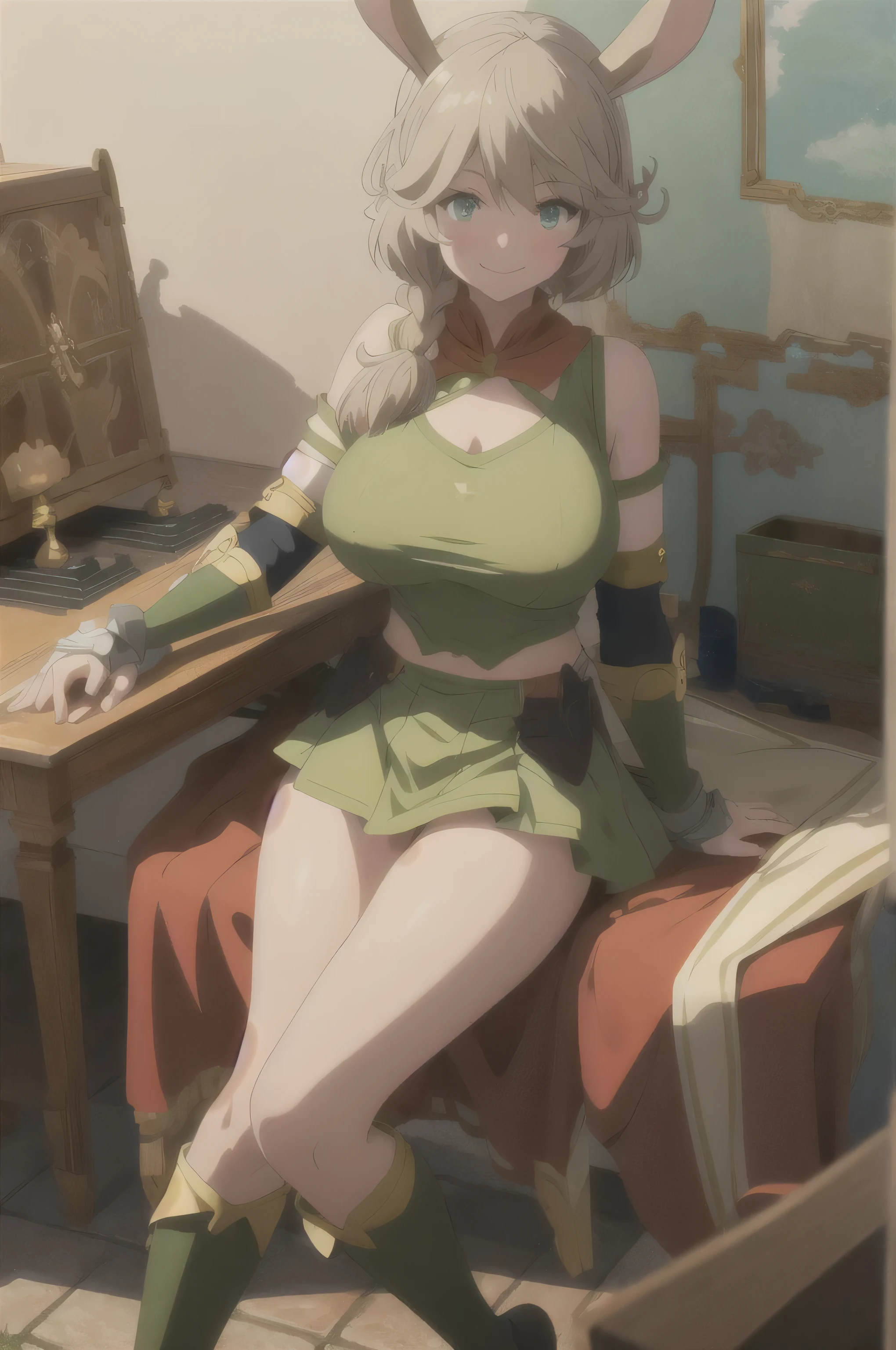 masterpiece, 8K Anime,super detailed, High resolution, 1 girl, alone, (hntsadlhorn, bare shoulders), green eyes, smile, (huge breasts:1.1), green under uniform＿superior, (skirt, very detailed),white panties, (legs spread:1.7, sexy pose),looking at the viewer, whole bodyショット, whole body, 