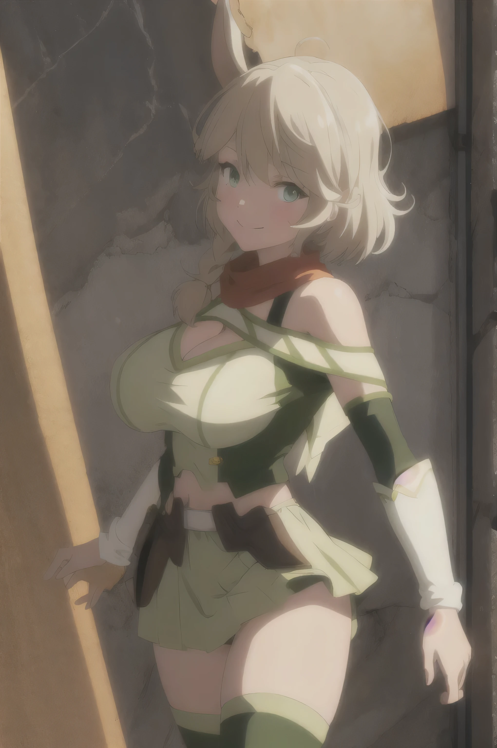 masterpiece, 8K Anime,super detailed, High resolution, 1 girl, alone, (hntsadlhorn, bare shoulders), green eyes, smile, (huge breasts:1.1), green under uniform＿superior, (skirt, very detailed),white panties, (legs spread:1.7, sexy pose),looking at the viewer, whole bodyショット, whole body, 