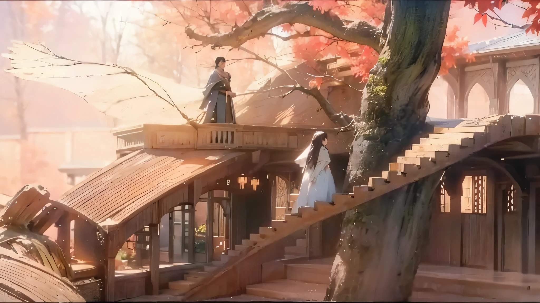 Two people were standing on the stairs in front of the house, scene where she is in Rivendell, Elrond&#39;s house, epic Rivendell fantasy, Lothlorien, lord of the rings aesthetic, Galadriel in Lothlorien, Still from a fantasy movie, Rivendell, from lord of the rings