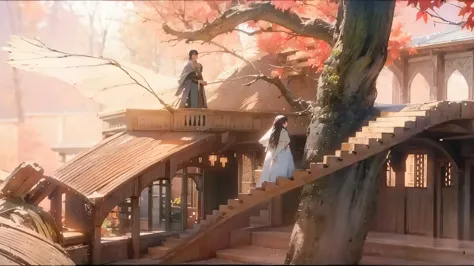 Two people were standing on the stairs in front of the house, scene where she is in Rivendell, Elrond&#39;s house, epic Rivendel...