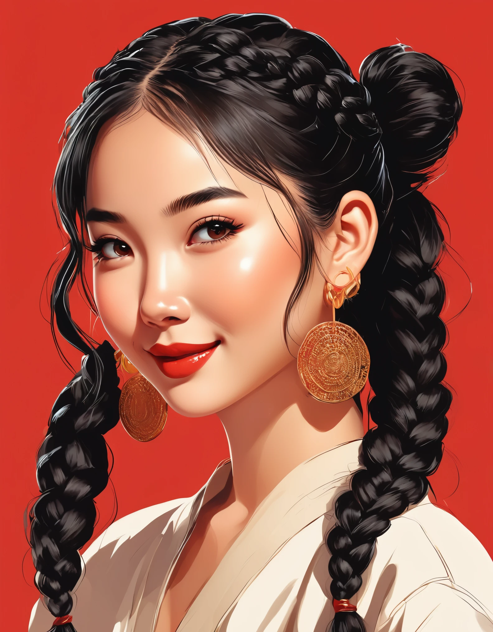 向量藝術，全身，一個可愛的中國女孩的平面插畫風格, 雙辮子黑髮, 微笑著, 戴耳環, 特寫，現代簡約，红色背景，拼貼藝術風格,  美麗詳細