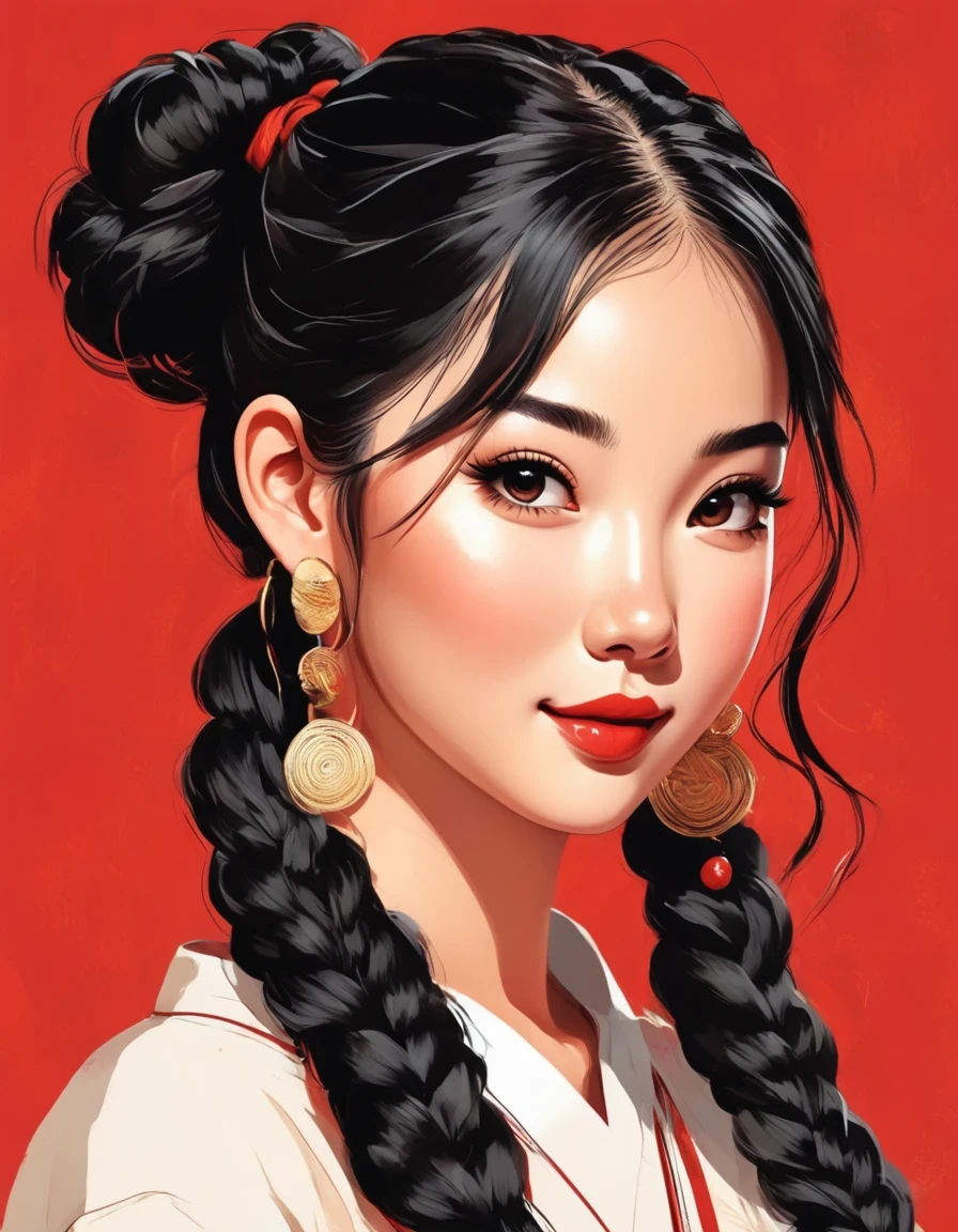 Art vectoriel，tout le corps，style d&#39;illustration plat d&#39;une jolie fille chinoise, tresses doubles cheveux noirs, souriant, porter des boucles d&#39;oreilles, Fermer，Minimaliste moderne，fond rouge，dans le style des œuvres d&#39;art de collage,  beau détaillé