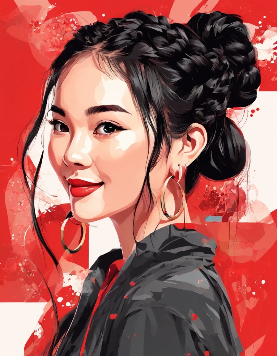 arte vetorial，todo o corpo，estilo de ilustração plana de uma linda garota chinesa, tranças duplas trançadas cabelo preto, sorridente, usando brincos, fechar-se，Minimalista moderno，fundo vermelho，no estilo de colagem de obras de arte,  Linda detalhada